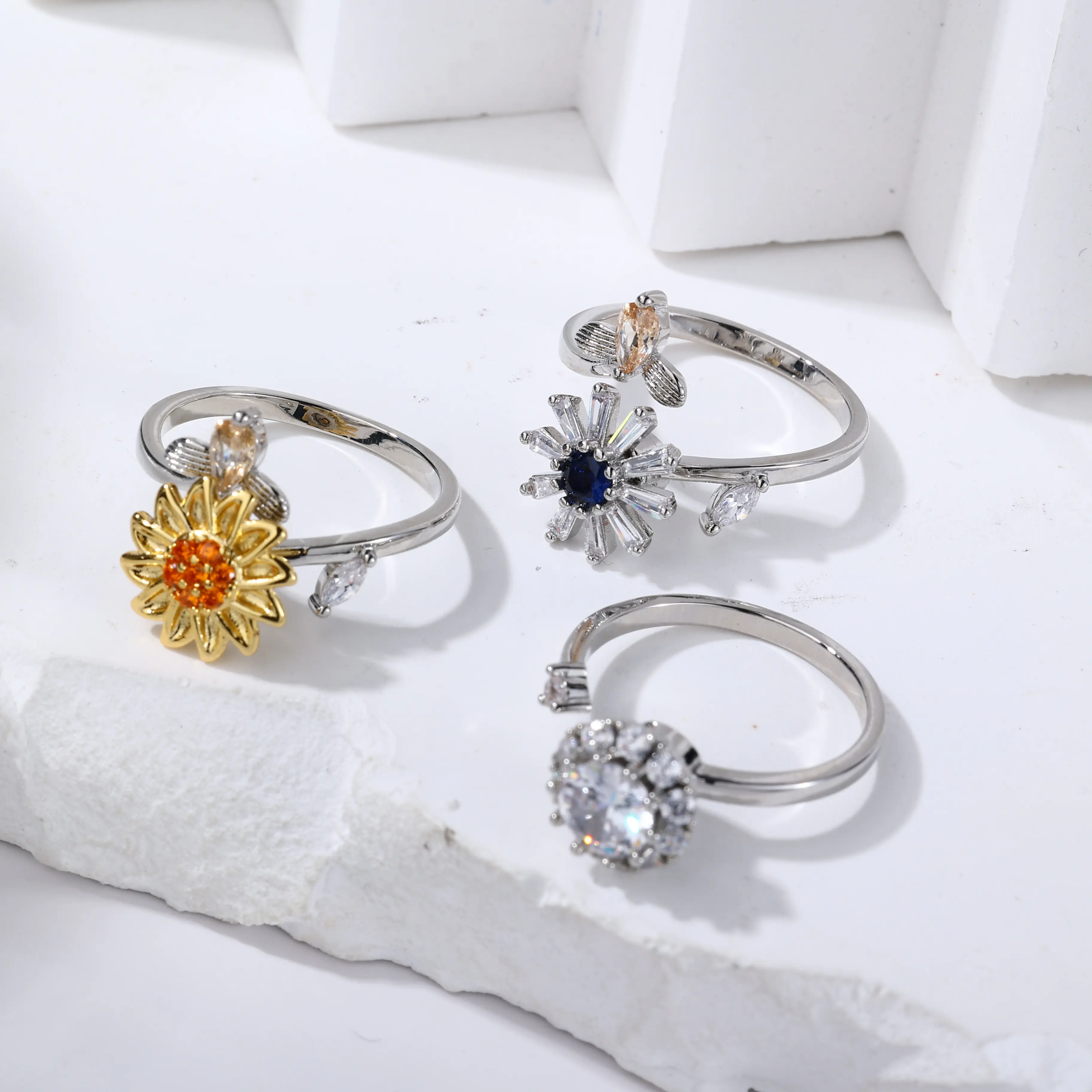 Fashion Sunflower Brass CZ Adjustable Ring Wholesale