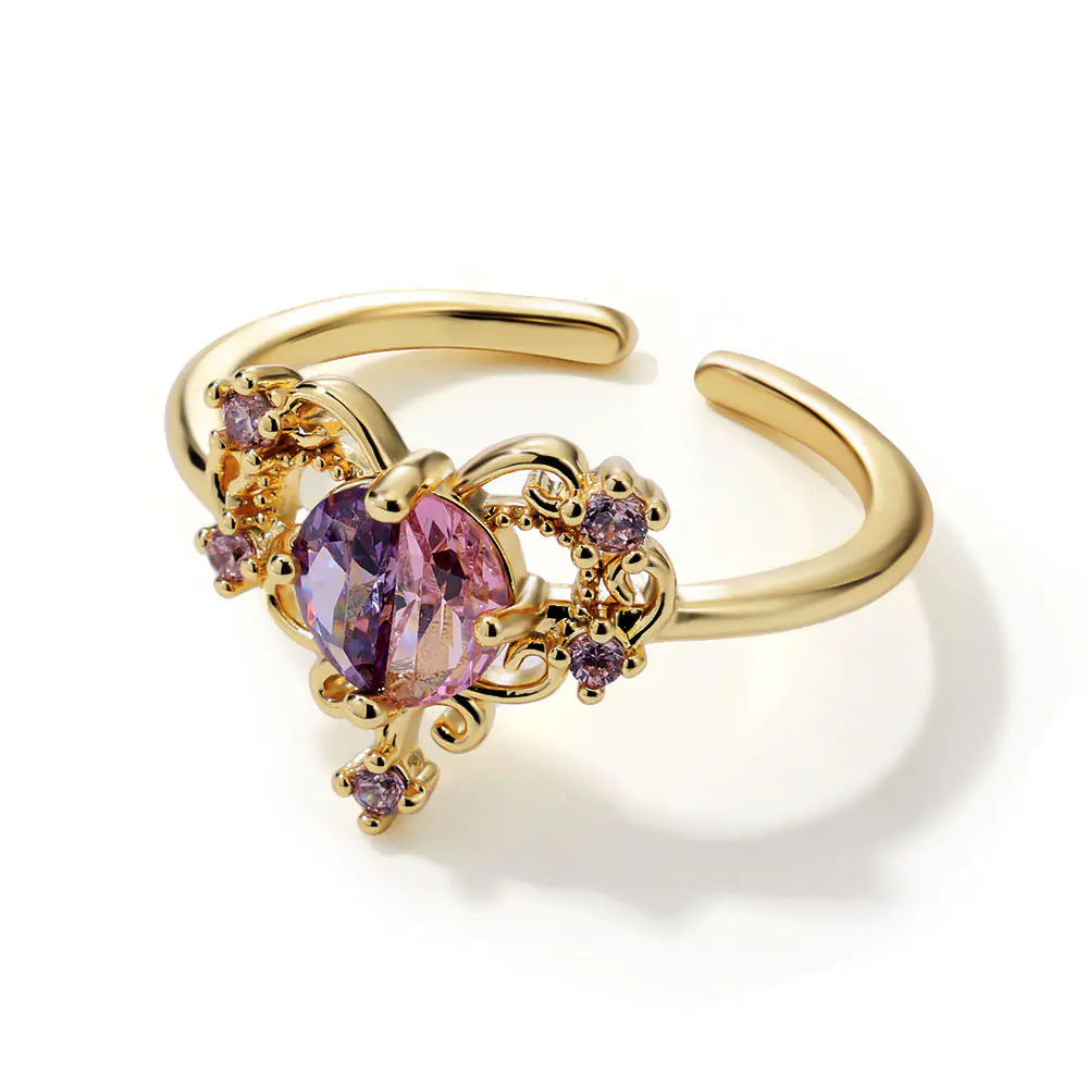 Retro Brass Iced Pink CZ Heart Adjustable Ring Wholesale