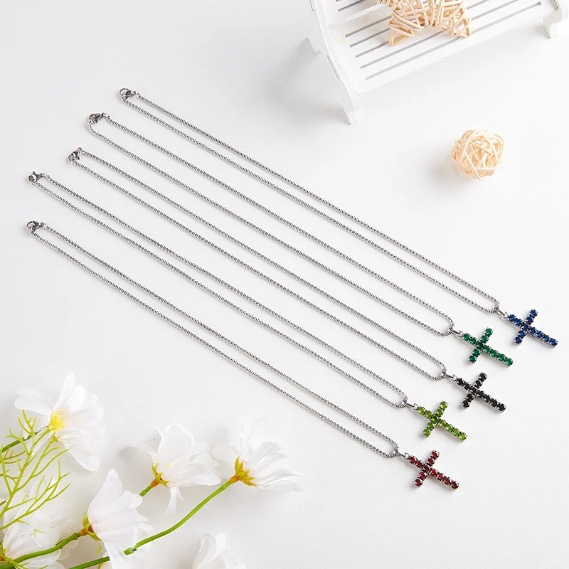 Stainless Steel Round CZ Cross Pendant Necklace Hip Hop Jewelry
