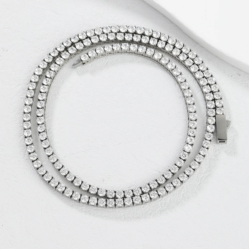 Stainless Steel 3mm-5mm Round CZ Tennis Necklace for Men Women
