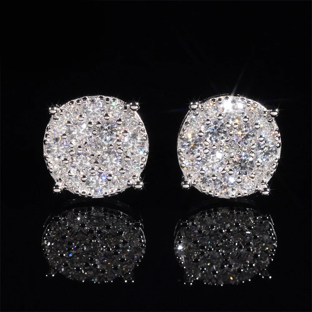 925 Sterling Silver Round Paved Moissanite Stud Earrings For Men Women